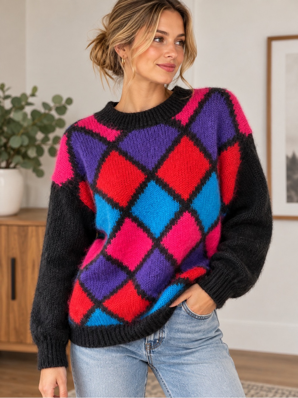 Vintage 80s Argyle Mohair Blend Sweater - Size Large